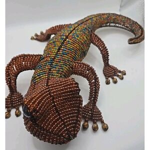 Beaded Metal & Wire Gecko Lizard Figurine Sculpture Colorful Folk Art Decor 14"